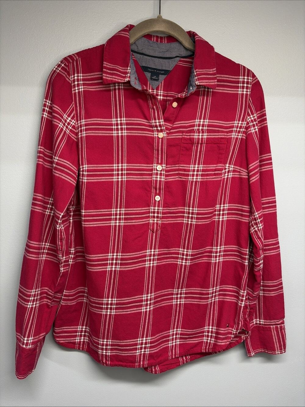 Tommy Hilfiger Red Plaid 1/2 Button Down Flannel Shirt Casual Long- Sleeve Small